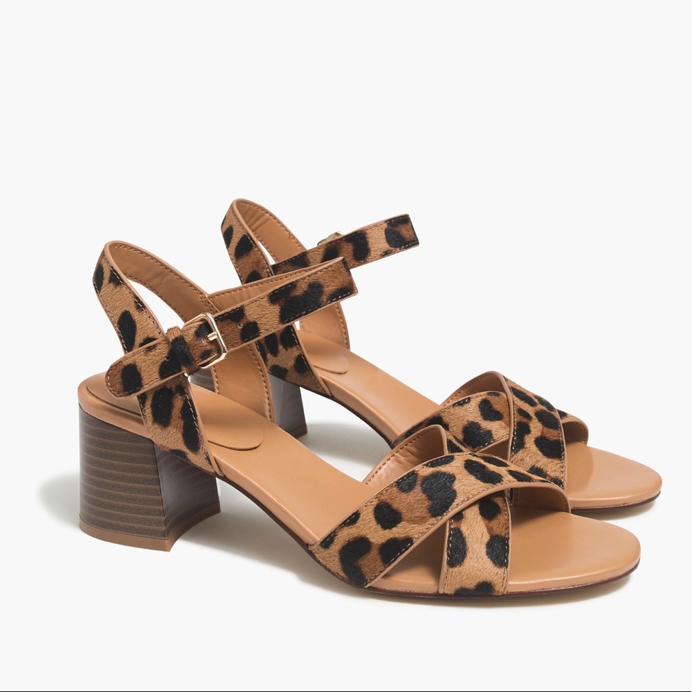 NWOT J. Crew Factory Leopard Calf Hair Heeled Sandals